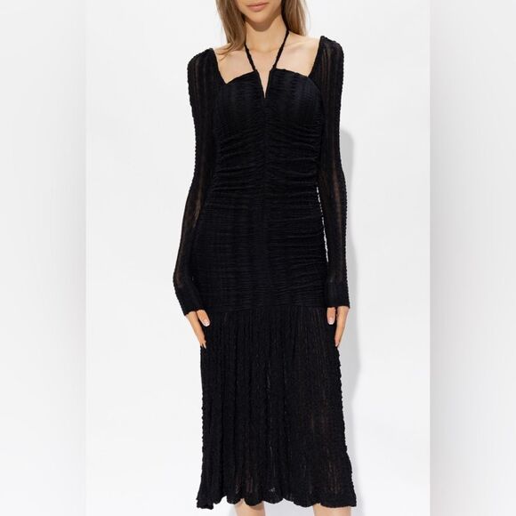 Ganni Midi Black Dress Ruched Stretch-Cloqué Size 10 - Picture 4 of 17